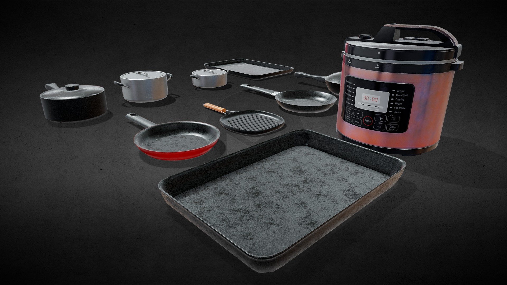 Cookware Low Poly Pack

Technical details:
Triangles: 16k Verts: 8k
All textures in .png format

The pack include:
Objects: 19
Texture size: 1024x1024
Textures include: Base color, Roughness map, Metallic map and Normal map

Modeled in Blender, textured using Substance Painter
Rendered in Blender Cycles - Cookware Set - Buy Royalty Free 3D model by Diego Lima (@GMDiegoLima) 3d model