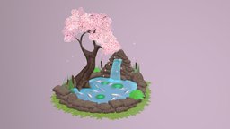 Koi Pond Waterfall fish, koi, enjoy, waterfall, cherryblossom, lilypad, koifish