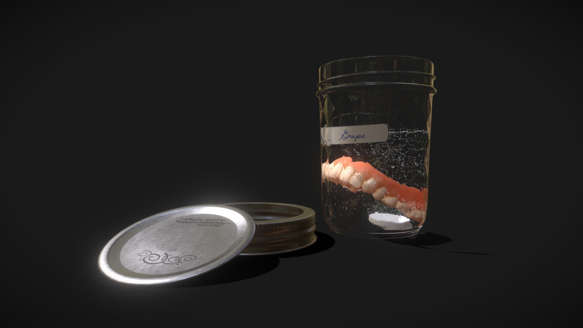 Crystal clear storage for dry or liquid products.




Jars withstand extreme temperatures of 0° to 850°F

Wide mouth for easy pouring and filling

Metal lids for food storage

Wonderful for gifting, or decor or storage around the house

FDA compliant

Caps included

Other Noteworthy Features:




Grandpa's Dentures

Labeled &ldquo;Grape
