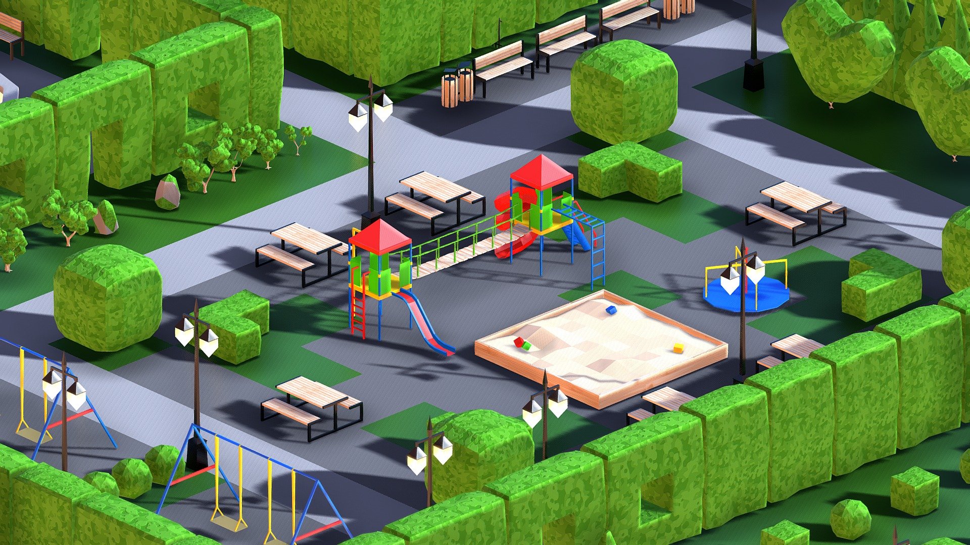 Create your own maze with our fully updated City &amp;amp; Park Trees Pack - City Park Maze & Playground - 3D model by Studio Ochi (@studioochi) 3d model