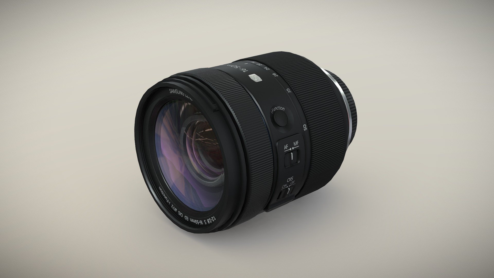 •   Let me present to you high-quality low-poly 3D model Samsung 16-50mm f/2-2.8 S ED OIS Lens. Modeling was made with ortho-photos of real lens that is why all details of design are recreated most authentically.

•    This model consists of three meshes, it is low-polygonal and it has three materials (for Lens body and Glass of Lens).

•   The total of the main textures is 4. Resolution of all textures is 4096 pixels square aspect ratio in .png format. Also there is original texture file .PSD format in separate archive.

•   Polygon count of the model is – 4632.

•   The model has correct dimensions in real-world scale. All parts grouped and named correctly.

•   To use the model in other 3D programs there are scenes saved in formats .fbx, .obj, .DAE, .max (2010 version).

Note: If you see some artifacts on the textures, it means compression works in the Viewer. We recommend setting HD quality for textures. But anyway, original textures have no artifacts 3d model