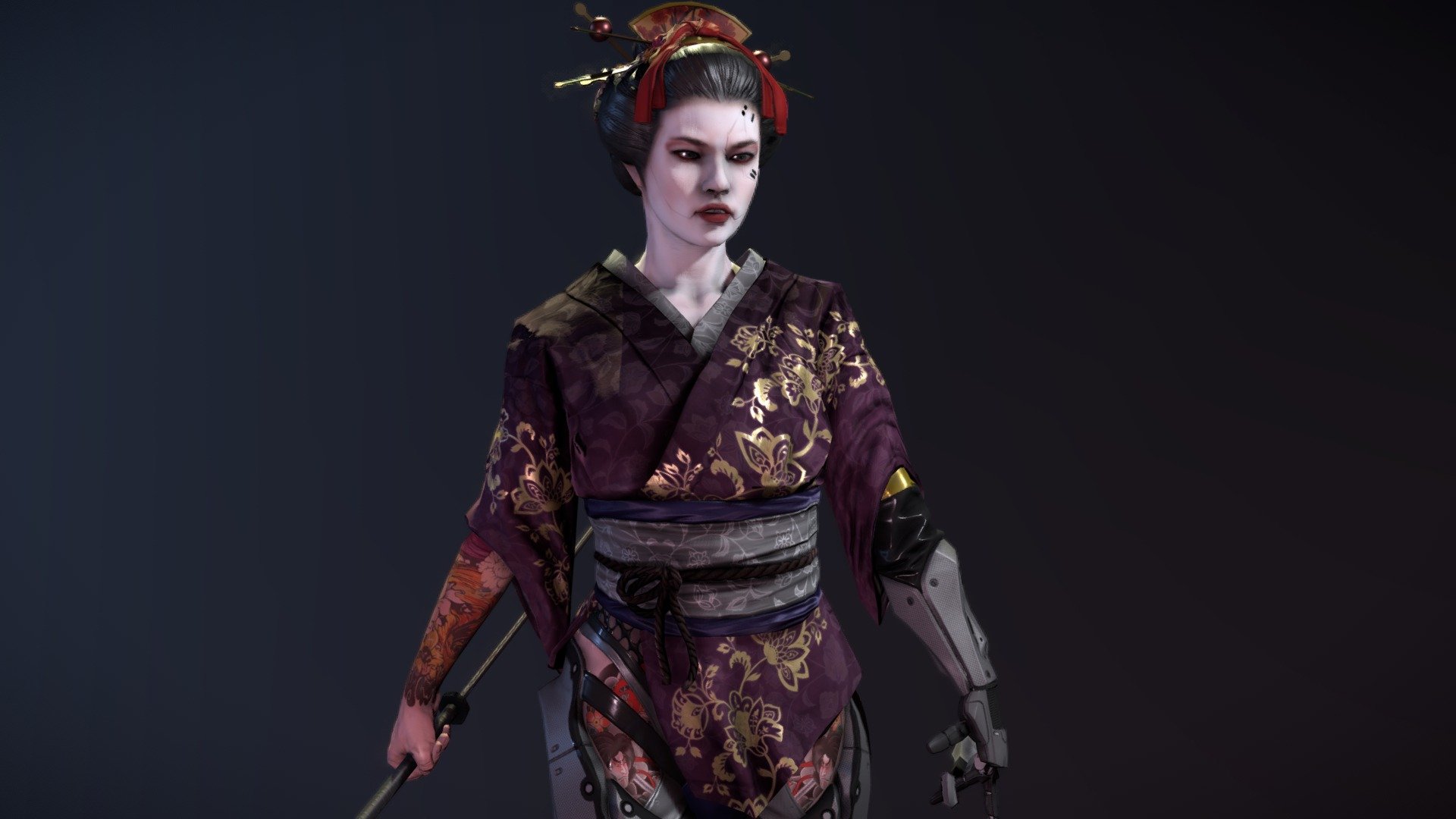 A combination of the high tech and the traditional, flesh and metal, beauty and lethal hardware.

My latest work! Made in Zbrush and Maya. If you need it for printing, email me at jeffreydeguzman@gmail.com - Cyber Geisha - 3D model by Jeff de Guzman (@reyknow) 3d model