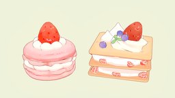 Marcaron and Crepe cake, white, cream, dessert, strawberry, macaron, blueberry, cakes, crepe, desserts