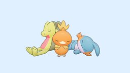 Hoenn Starters fanart, cute, pokemon, hoenn, treecko, mudkip, torchic, substancepainter, blender, 3dpainter, noai
