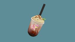 bubbletea food, cute, kawaii, caramel, bubbletea, handpainted, 3d, bobatea