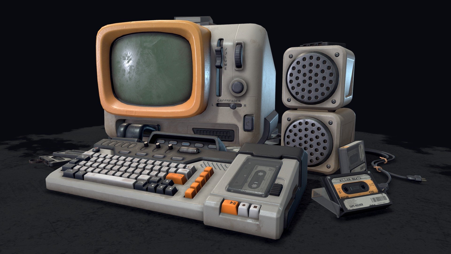A look into a mercenary's gadgets, more specifically his beloved mixstation, where he tapes his favorite tunes for long fieldwork! (&hellip;and other, less long things).

I set out to make a charming, retro-esque computer workstation with a stronger identity, so it wouldn't just feel like a regular retro computer, and had a lot of fun doing so!

The design is massively based off the beautiful concepts of @ ArtKypcaht (left) and @ AndroidArts (right)
 - "Killer Beats" Casette Mixstation - Download Free 3D model by Mikkel Garde Blaase (@plorigon) 3d model
