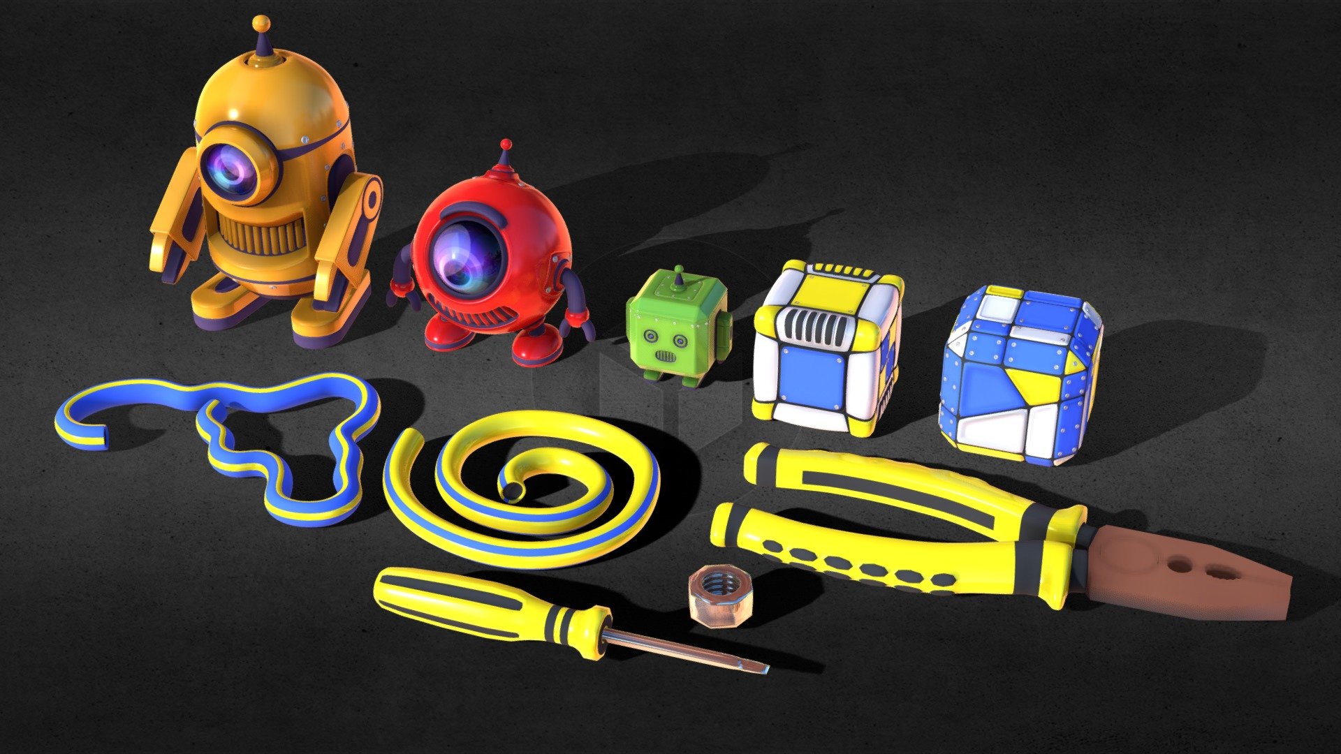 Hi-poly cartoon robots (original concept). Subdiv models, so you can put more subdiv on it.
Lowpoly with baked texture for mobile:
https://sketchfab.com/3d-models/lowpoly-cartoon-robots-a45d9d51756549d0a305eed973490dcb - Hi-poly cartoon robots (original concept) - Buy Royalty Free 3D model by endike 3d model