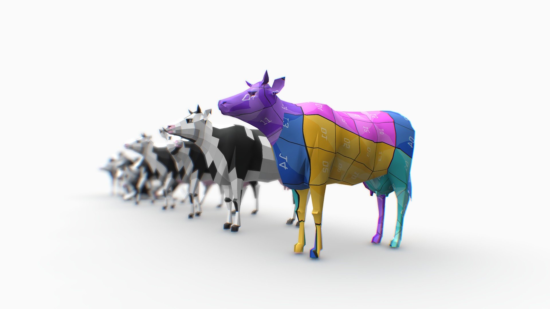 Verts 672 / Edges 1,342 / Faces 670 / 1,336

Blender 2.79 Native file.

Includes the next files in OBJ, FBX, DAE and 3DS




The Base Mesh: A quad face based in static pose and mapper texture.

The Pack: A pack with 7 poses (Rest Pose + 6 different).

UV Layout: that applies to all of them.
 - Cow - Buy Royalty Free 3D model by Studio Ochi (@studioochi) 3d model