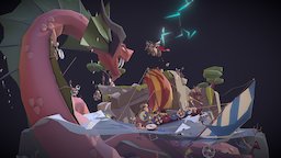 Thor and the Midgard Serpent red, fight, medieval, snake, diorama, water, battle, vikings, middleages, medievalfantasyscene, medievalfantasycontest, low-poly, blender, lowpoly, ship, sword, monster, rock, knight, blade, boat