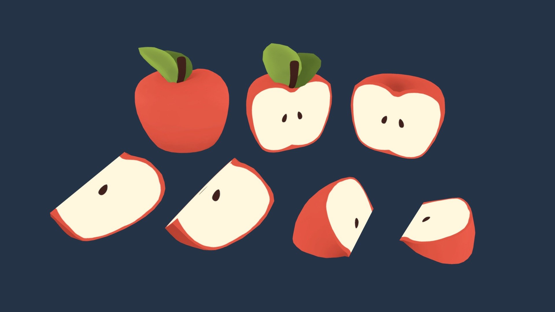 A cute, simple apple with a colourful, cartoon style 🍎


Part of the Cute Fruits Pack! See the full model pack here 👑✨

Includes:

1 whole apple mesh

2 apple half meshes

2 apple quarter meshes

2 apple slice meshes

2 texture .pngs

Zip file contains the models as an .fbx file - Cute Apple (Free) - Download Free 3D model by pixelatedcrown 3d model
