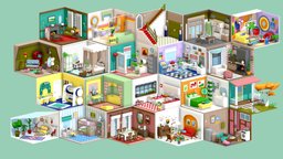 Low Poly Retro Vintage Rooms Interiors 2 office, room, bathroom, bedroom, studio, exterior, vintage, retro, furniture, interiors, hall, greenhouse, kitchen, rooms, houseware, attic, diningroom, frontyard, architecture, blender, lowpoly, house, home, interior, modular, livingroom