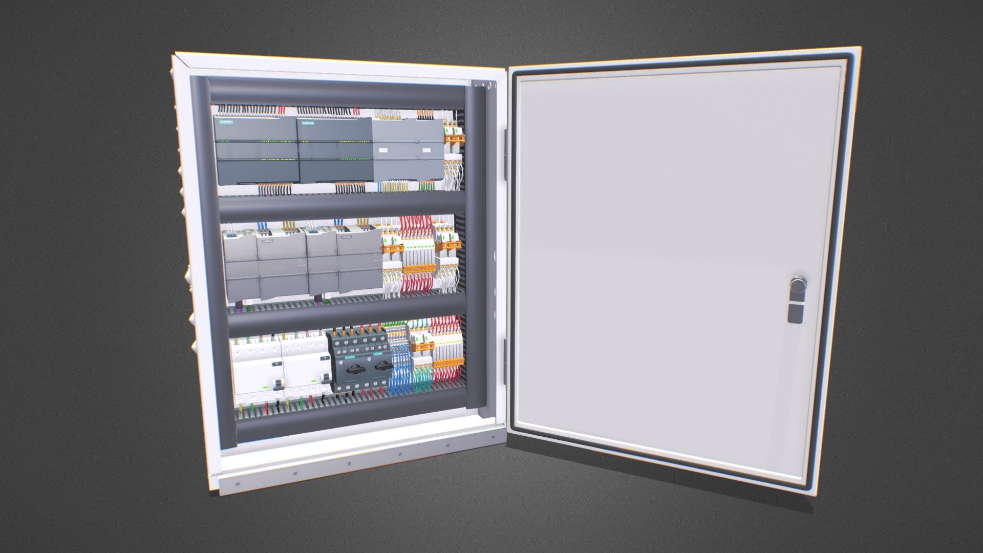 Realistic Electric control panel 
1. with components Have you ever wondered how an automobile assembly line is controlled 
2. In this video and article, we are going to talk about what controls large or small mechanical processes like an assembly line. 
3. That device is called an electrical control panel. But what is an electrical control panel, exactly 
4. Think of an electrical control panel like the human body. Inside our bodies, we have vital organs that control and monitor our surroundings. 
5. Similarly, an electrical control panel is a metal box which contains important electrical devices that control and monitor a mechanical process electrically.
6. Electrical Components of a Control Panel 
7. -Main Circuit Breaker -Surge Arrester 
8. -Transformer and 24-Volt Power Supply 
9. -Terminal Block 
10. -Programmable Logic Controller (PLC) 
11. -Relays and Contactors -Network Switch realpars.com/electrical-control-panel - Electric Control Panel - Buy Royalty Free 3D model by omg3d 3d model