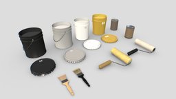 Paint Tools bucket, household, exterior, paint, painting, can, tin, roller, brush, drop, tool, paintcan, house, decoration, plastic