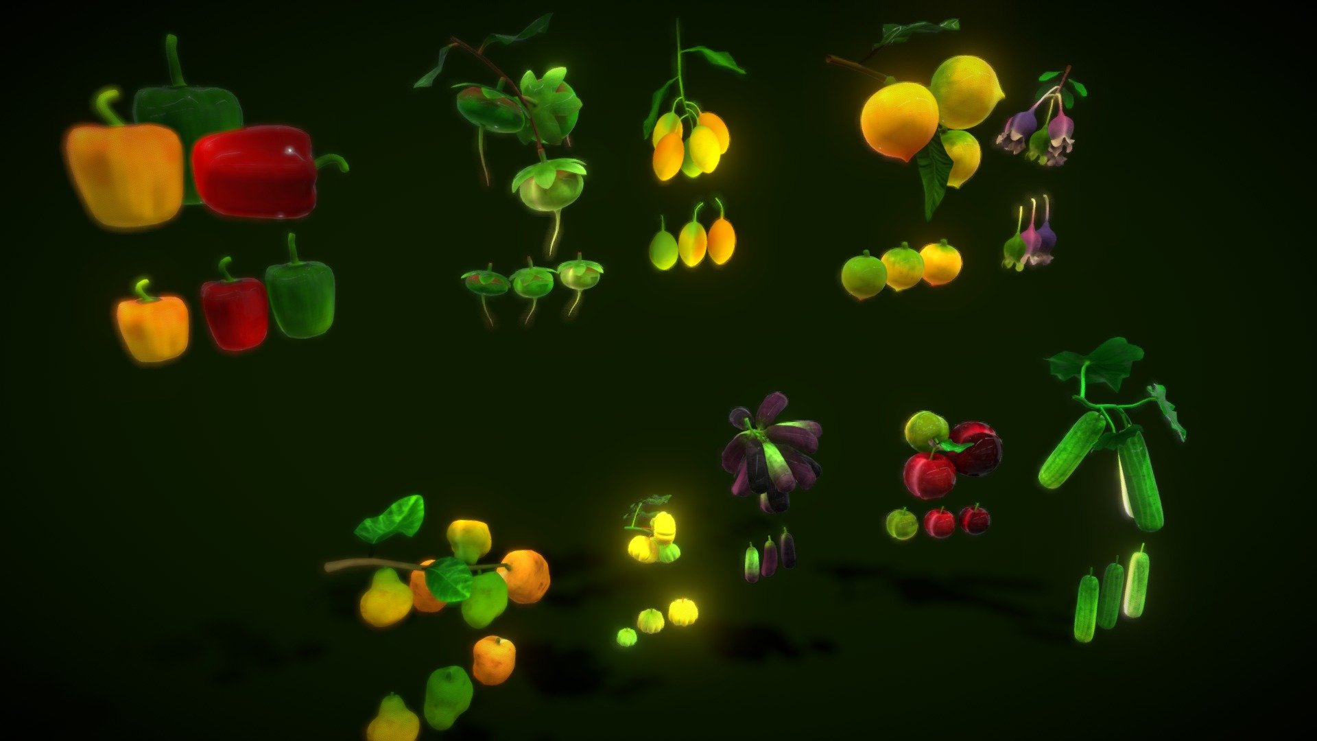 A collection of fruit:

- pepper fruit

- Sonneratia caseolaris fruit

- Bouea gandaria Blume fruit

- Abiu fruit

- Rhodomyrtus tomentosa fruit

- Artocarpus tonkinensis fruit

- Phyllanthus acidus fruit

- finger grapes fruit

- Prunus salicina fruit

- Cucumis sativus fruit

Each model has lowpolys.

Each texture is 512x512px Included textures for each fruit:

- Diffuse Map
 - Collection Fruit Path7 - Buy Royalty Free 3D model by vustudios 3d model
