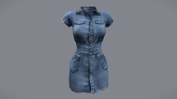 Female Denim Tunic Dress short, shirt, fashion, up, clothes, dress, v, sleeves, wear, buttoned, denim, tunic, pbr, low, poly, female, neckline