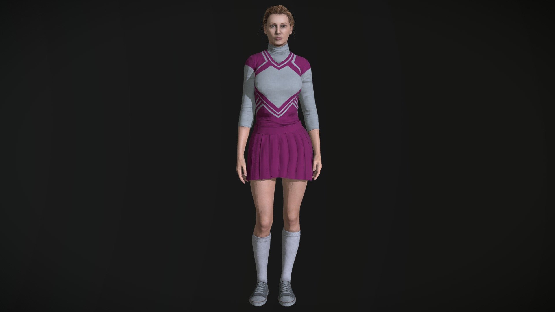 Cheerleader:
Complete archive in additional file.

Character in A-pose ( Game Version).




High details.

Highres unique textures.

Rigged.

Exported to Unreal ( migrate files). Use same standard unreal mannequin skeleton. Can handle the same animations as Unreal mannequin from marketplace.

Highres Texturesets.

Professional Uv Layout.

Character mesh.

Rigged, with high definition textures.

Texture types:




Albedo (Diffuse).

Normal.

Roughness.

Metallness.

ORM(Unreal Engine).
 - Cheerleader PBR Game Ready - Buy Royalty Free 3D model by lidiom4ri4 3d model