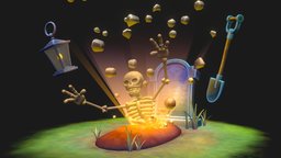 Sketchfab Weekly lamp, skeleton, tombstone, week, shovel, 34, sketchfabweeklychallenge, cartoon, stylized, fantasy, halloween, spooky, tomb