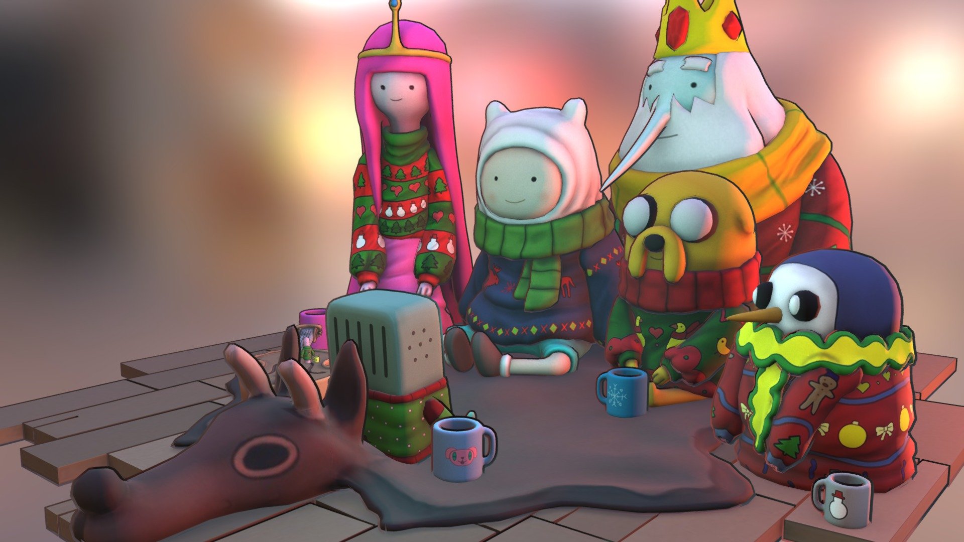 &ldquo;And so it was decided&hellip; that once every year when the weather got chilly, that Finn, Jake, the Ice King, BMO, Princess Bubblegum, Marceline the Vampire Queen, Cinnamon Bun, Peppermint Butler, Phil, a candy cane man, one of the gumdrop girls, Lady Rainicorn, Lumpy Space Princess, that guy, the other guy, a pig, Tree Trunks, a two-headed duck, the old crazy Tart Toter, the punch bowl, a booger, and Gunter&hellip; would get together while wearing really big sweaters and watch videos on the floor next to a fire&hellip; to celebrate the day when Finn and Jake had a fleeting moment of empathy for the biggest weirdo in Ooo. It was a miracle. Good night. &ldquo;

It was a good practice in ZBrush and I really had fun doing this&hellip; maybe soon I'll model another scene from this awesome show!

For more images and informations about the process, check it out in my ArtStation profile: www.artstation.com/artist/iEmersonRosa - Adventure Time - Holly Jolly Secrets Part 2 - Buy Royalty Free 3D model by Emerson Rosa (@iemersonrosa) 3d model