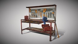 Workbench with tools saw, lamp, modern, storage, bench, hammer, work, woodworking, garage, tools, scrap, craft, table, metal, props, screwdriver, handcraft, crafting, toolbox, vise, workbench, handlamp, metalframe, axe, wood, workshop