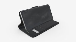 Smartphone in flip wallet case 04 style, leather, cell, credit, card, case, cover, flip, wallet, protection, smartphone, phone, pocket, gsm, mobility, 3d, pbr, mobile, plastic, black