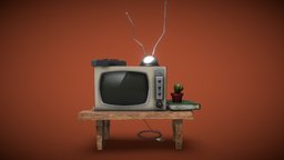 Cartoon Retro Telly Low Polygonal scene, toon, tv, cactus, tex, table, old, remote-control, substancepainter, cartoon, book, toon-cactus
