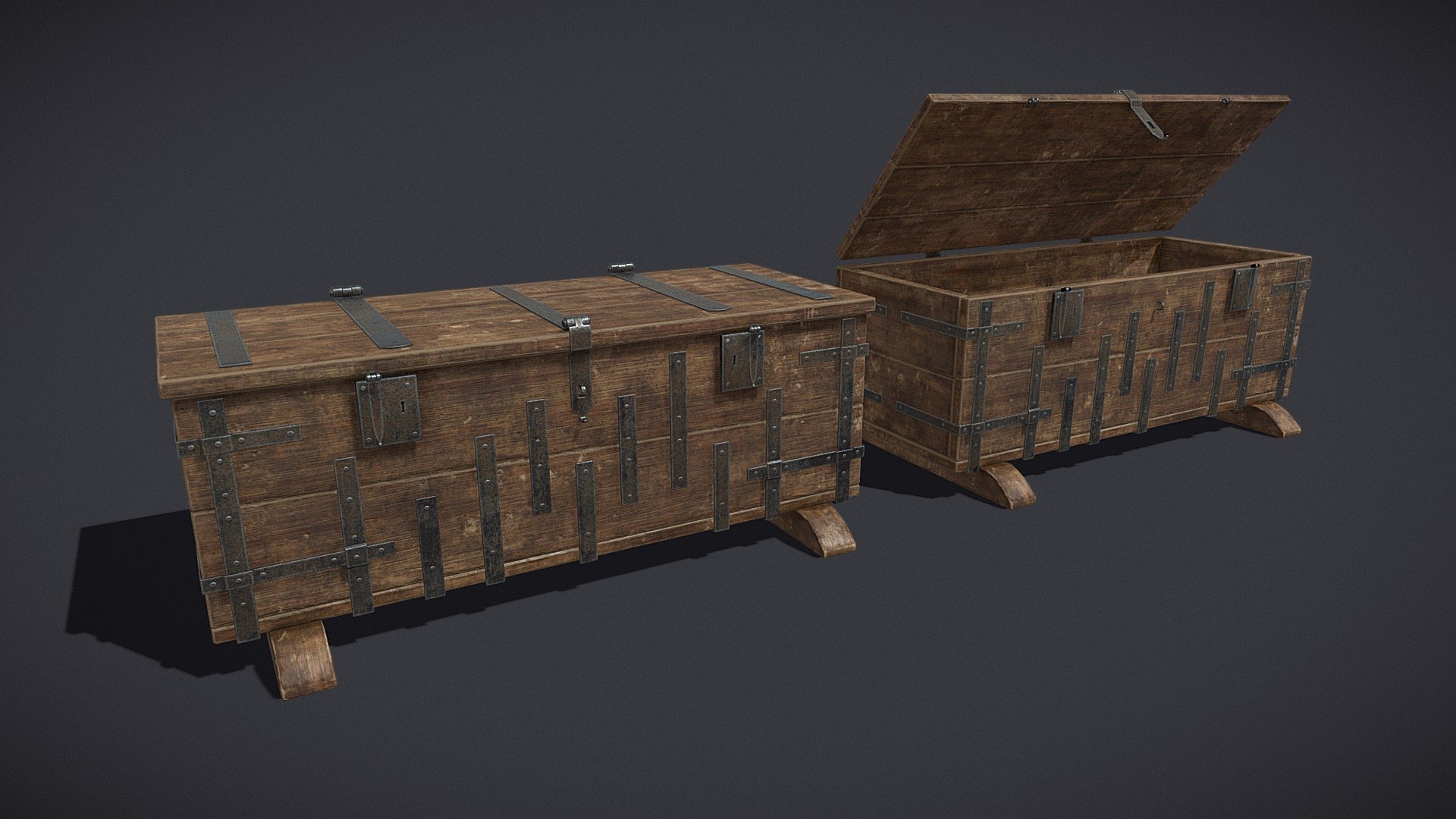 Iron_Bound_Chest_FBX - Chest has Interior - Texture made using UDIMs. Model has 1 Material that uses 2 UV units.
VR / AR / Low-poly
PBR approved
Geometry Polygon mesh
Polygons 6,041
Vertices 5,792
Textures PNG 4K

From the Creators at Get Dead Entertainment. Please like and Rate! Follow us on FaceBook and Instagram to keep updated on all our newest models 3d model
