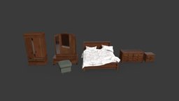 Bedroom Furniture Set | Game Assets closet, bedroom, dresser, unreal, game-ready, endtable, vanity, doublebed, furniture-home, unity, pbr, lowpoly, bedroom-furniture, noai
