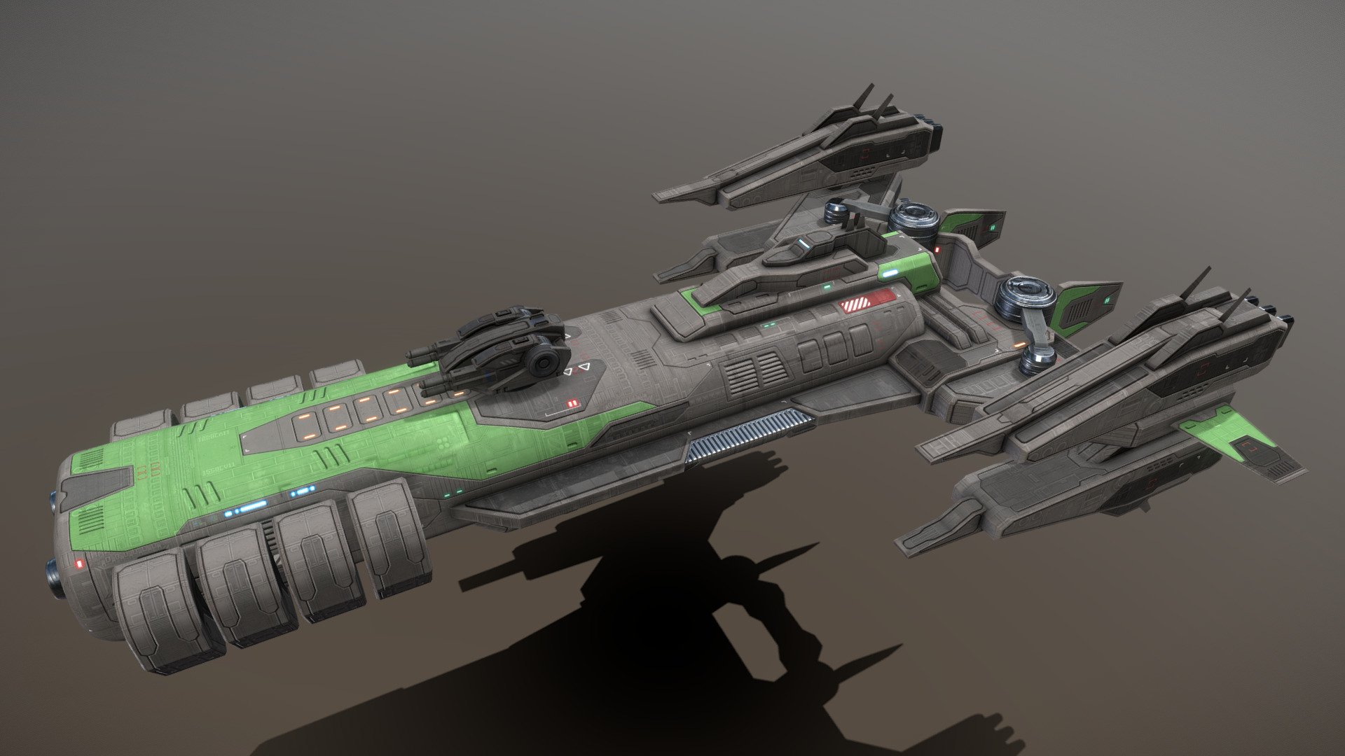 This is a model of a low-poly and game-ready scifi spaceship. 

The weapons are separate meshes and can be animated with a keyframe animation tool. The weapon loadout can be changed too. 

The model has several modular parts for bridge, engine and side modules. These parts can be changed to create different looking ships.

This model has optional maneuvering thrusters for newtonian physics based movement. They do fit on other ships too.

The model comes with several differently colored texture sets. The PSD file with intact layers is included.

Please note: The textures in the Sketchfab viewer have a reduced resolution (2K instead of 4K) to improve Sketchfab loading speed.

If you have purchased this model please make sure to download the “additional file”.  It contains FBX and OBJ meshes, full resolution textures and the source PSDs with intact layers. The meshes are separate and can be animated (e.g. firing animations for gun barrels, rotating turrets, etc) 3d model
