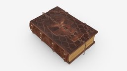 Old book decorated in leather 02 ancient, leather, library, paper, cover, corner, brown, strap, literature, brass, metal, old, chain, rivet, book, 3d, pbr, decoration, magic