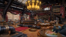Steampunk cabaret bar bar, scene, food, steampunk, restaurant, saloon, module, stage, festival, inside, props, pirat, curtain, science-fiction, cabaret, cartoon, game, lowpoly, scifi, pirate, stylized, modular, gameready