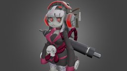 Female Stylized Samurai chibi, warrior, tattoo, geisha, headphone, kimono, cartoon, skull