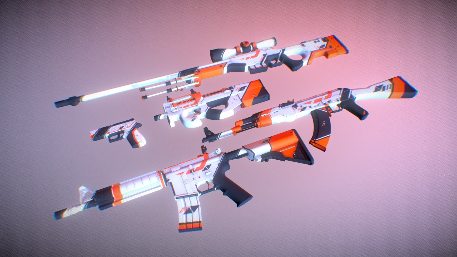 A Different Artwork from my usual Mechanical Keyboards.

A Collection of Asiimov CS:GO Weapon Models (All 5 Weapons that have Asiimov in CS:GO).



Stats:

Objects Count: 5
Poly Count: 78,751
Vertex Count: 42,501 



File Formats:

.blend 8 MB

.obj 6 MB

.zip 2 MB (5 obj files one for each weapon)

*All files can be found in &ldquo;additional file
