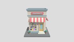 cartoon Pharmacy 01 landscape, exterior, store, market, medicine, pharmacy, drugs, marketplace, drugstore, lowpoly, city, building