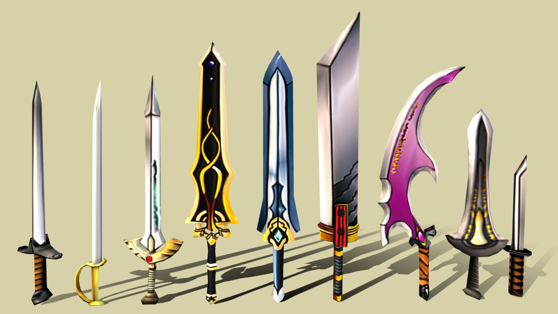 9 swords pack (4 two-handed / 5 one-handed)

1529 tris in total (the 9 swords)

Albedo / NM / AO / Metallic

origins on hand point

Doubts or budgets to => leo.alivenergy@gmail.com or http://www.fastskillteam.com/
 - Ultra Low Poly Swords Pack - Download Free 3D model by Leonardo Carvalho (@livrosparacriancas) 3d model