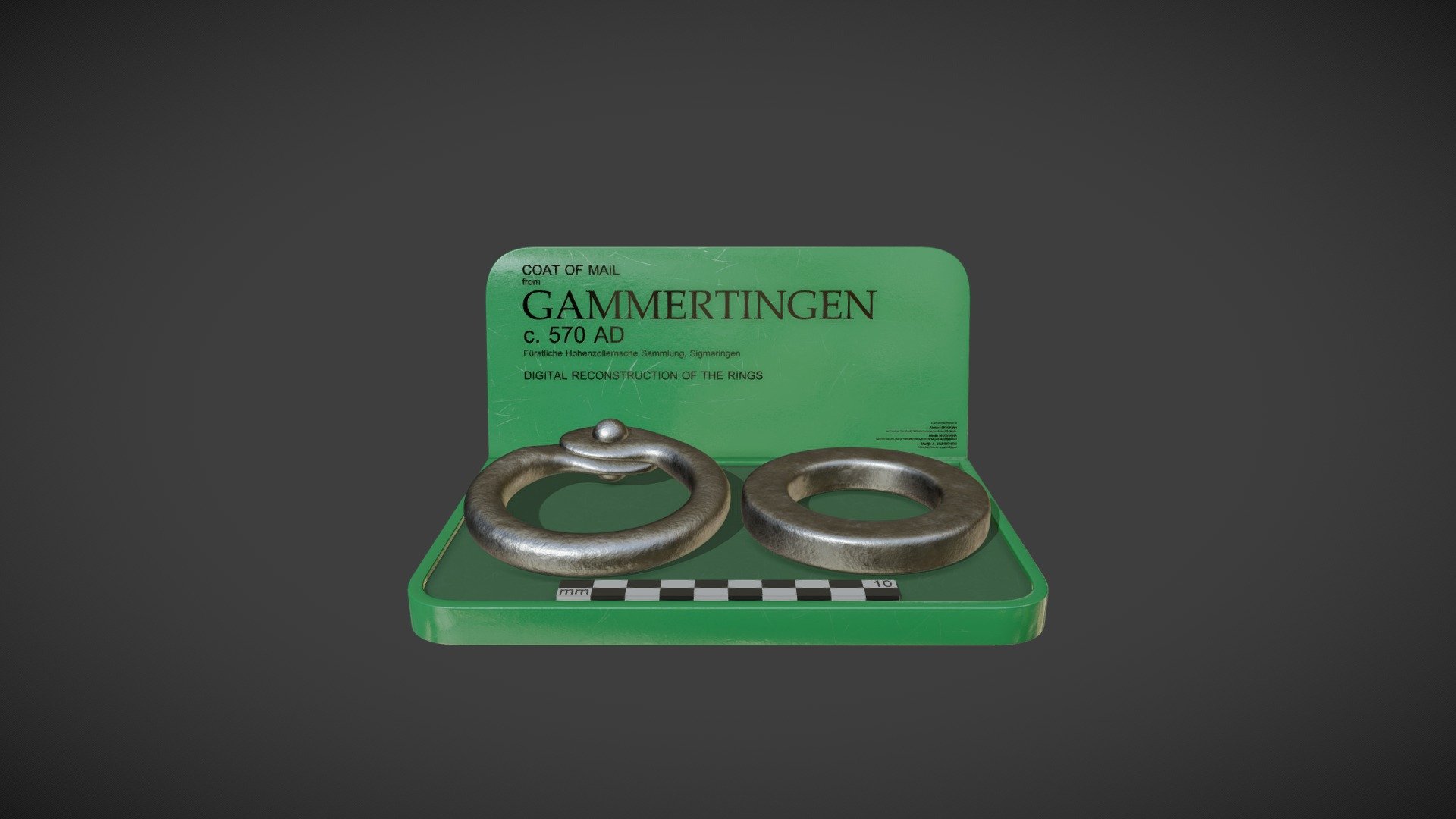 The 3D model presents a digital reconstruction of solid and riveted rings of archaeological mail armour. To create 3D models of the rings, we used polygonal modelling functions of Blender software. In order to record the relevant measurements of the mail rings, we used a list of parameters. This list includes 11 parameters for a riveted ring and four parameters for a solid ring. The accuracy of the digital replicas of the rings was 0.01 mm. The authors of the reconstructions are 

Aleksei Moskvin (Saint Petersburg State University of Industrial Technologies and Design) 
https://independent.academia.edu/AlekseiMoskvin

Mariia Moskvina (Saint Petersburg State University of Industrial Technologies and Design) https://independent.academia.edu/MariiaMoskvina

and Martijn A. Wijnhoven (VU University Amsterdam) 
https://vu-nl.academia.edu/MartijnAWijnhoven 

DOI: https://doi.org/10.13140/RG.2.2.19005.38884 - Armour from Gammertingen: (old version) - Download Free 3D model by Aleksei Moskvin (@alekseimoskvin1) 3d model