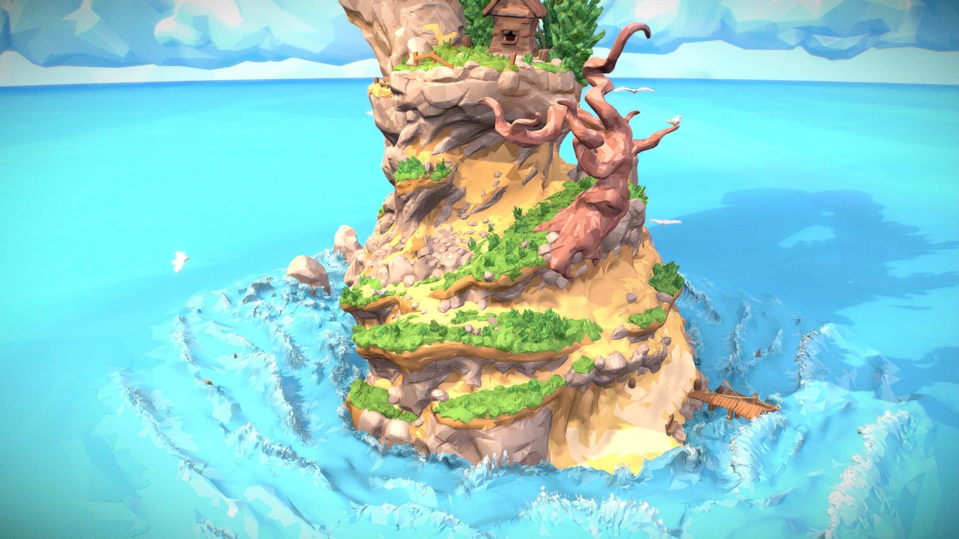 Pick a spot and breathe in the fresh air of peace and serenity or try to find all 7 treasure chests and possibly get eaten.

(First Person Mode: Click the little Gear, click on Orbit and then select First Person, use the mousewheel to change speed to 0 or 1)

Sculpted and painted in Zbrush. Uses vertex colors instead of textures except for the effects 3d model