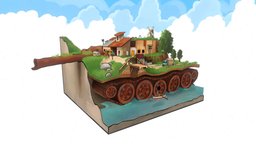 Overgrown Tank cartoony, big, table, diorama, atmosphere, skybox, overgrown, design, stylized, environment, diorama3d, noai