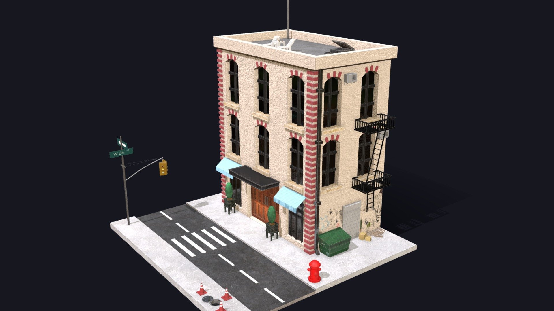 ● New York style building

● Low poly

● Game ready

● Highly detailed  

● Each object can be used seperately   

● Non-overlapping UV

● Textures formats: PNG 2048*2048  

● Made in Blender

● Textured in Substance painter - New York street with building low poly - Buy Royalty Free 3D model by Nataliia_Ch 3d model