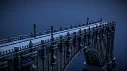 Snowy Bridge lamp, winter, brick, road, snow, big, huge, night, bricks, statue, cold, dark_souls, pavement, boreal, substance, blender, substance-painter, stone, fantasy, dark, rock, light, bridge, irithyll