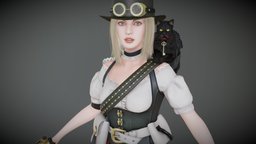 Steampunk Girl & Her Kitty hat, cat, leather, goggles, warrior, heroine, skirt, moi3d, woman, raygun, tartan, kitten, blender-3d, plaid, marvelousdesigner, modoindie, weapon, character, 3d-coat, pbr, female, zbrush, noai