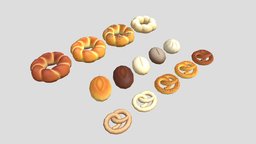 Cartoon Kalachi And Rolls And Pretzels food, roll, foods, pretzel, rolls, food3dmodel, pretzels, food3d, cartoon, kalach