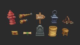 1|10 Stylized Hand-Painted Props warcraft, lantern, stool, tombstone, sack, sign, leagueoflegends, glasses, hydrant, envelope, spyglass, allodsonline, handpainted, stylized, screen