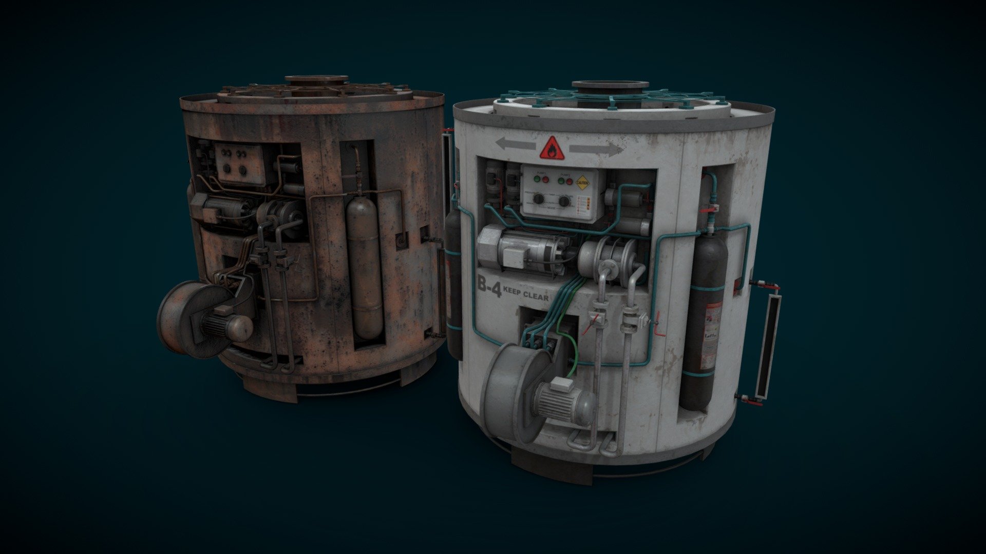 Machinery device for industrial visualizations 

4k PNG PBR textures included 

Painted and heavy rusted 

Non overlapped UVs 3d model