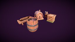Stylized Game Assets 6 Pack stool, barrel, pack, stylized-texture, model, wood, stylized