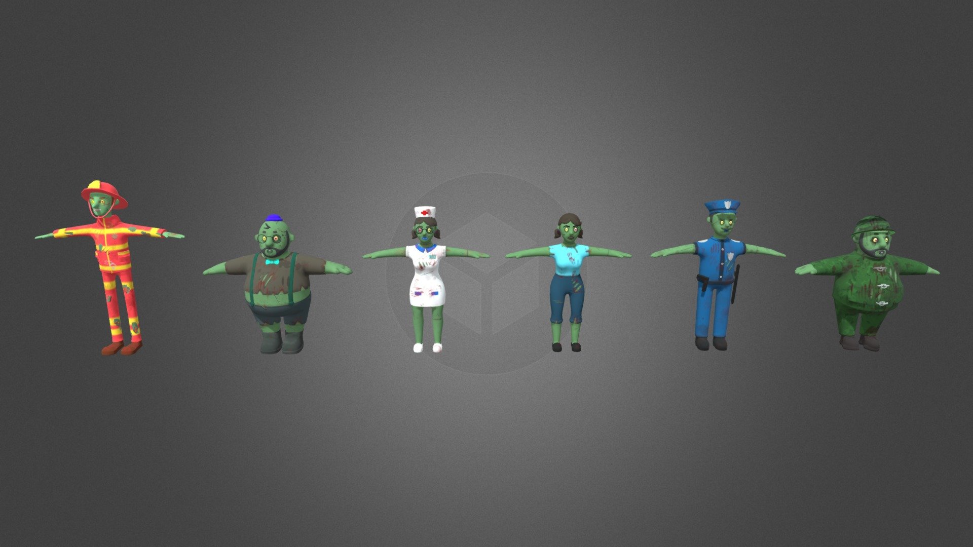 Looking for a versatile set of characters to bring your apocalyptic scenes to life? Look no further than Cartoon Zombies APOCALYPSE!
With over 6 cartoon-style zombie characters, the Zombies APOCALYPSE Characters pack is a great addition to any project. These detailed models have been rigged and blenshaped for easy animation, giving you tons of options for creating your own custom scenes.

Whether you're building a post-apocalyptic shooter or a mobile zombie survival game, this asset pack has everything you need to bring your vision to life.

So download Zombies APOCALYPSE now and start creating the undead apocalypse of your dreams!

Check out our other Zombies themed packages:

🧟‍♀️ Clay Zombie APOCALYPSE City Environment

🧟‍♂️ Clay City Zombie APOCALYPSE FULL Pack

🧟 Cartoon Military Soldier Characters

We look forward to your feedback so we can create more assets for YOU! - 6 Cartoon Zombie APOCALYPSE Characters - Buy Royalty Free 3D model by HayqArt 3d model