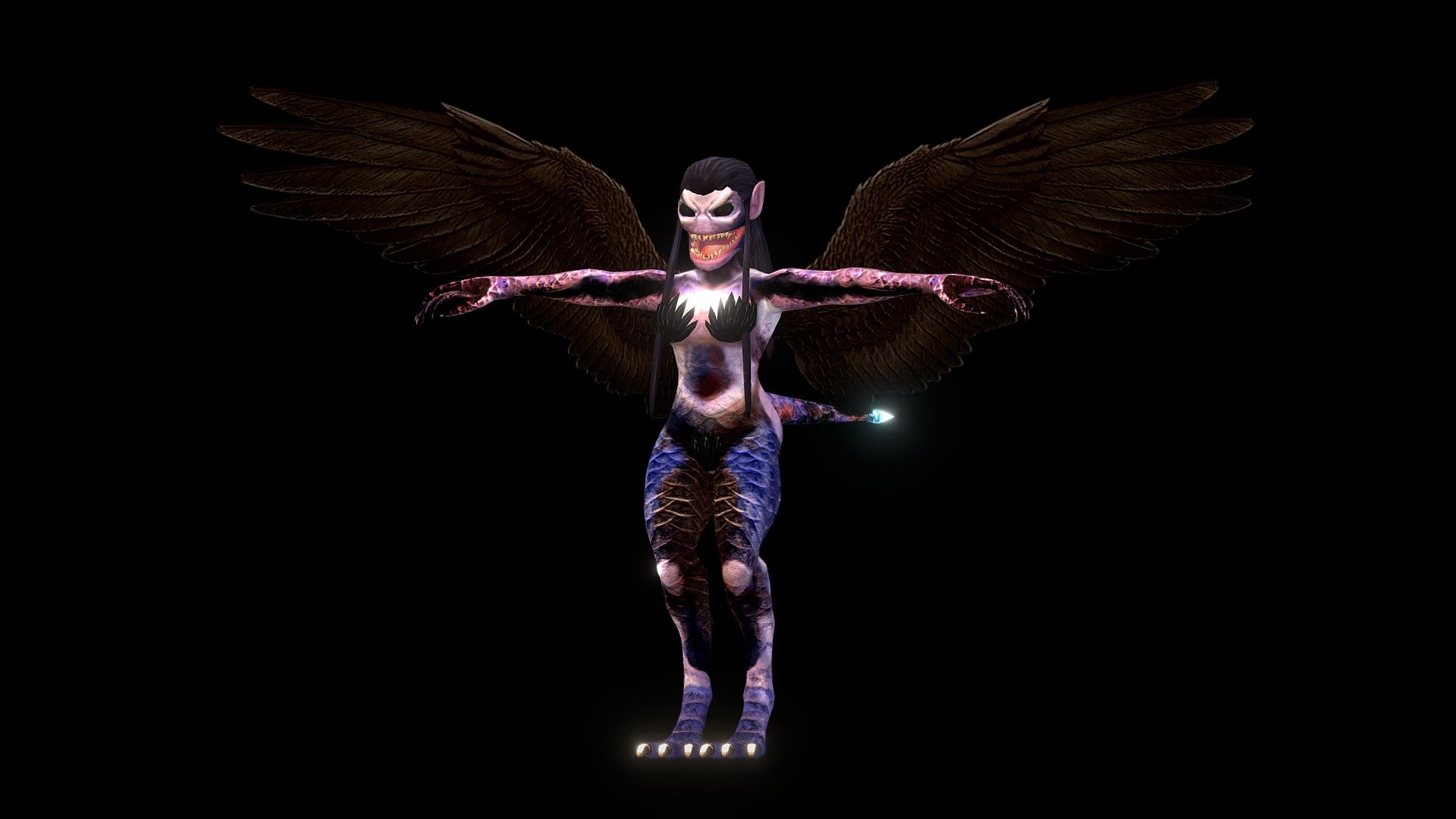Animations for the dark wings => pose-0, idle, fly-1, fly-2, fly-3, plane-1, plane-2, block.

No animations for the harpia monster yet&hellip; Except run animation => https://sketchfab.com/3d-models/harpia-monster-a42d20e6c5d24b639d59cd41b3613ecc

I will still add more animations for her but not for now&hellip; 

Textures = albedos + metalz + emissions + NMs + AOs - Harpia Monster + Dark Wings (Rigged) - Buy Royalty Free 3D model by Leonardo Carvalho (@livrosparacriancas) 3d model