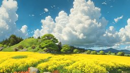 HDRI Cartoon Panorama E trees, tree, virtual, plant, sky, landscape, 360, vr, equirectangular, hdri, skybox, hdr, backdrop, virtual-reality, skydome, cartoon, stylized, spherical-panorama, createdwithai, skysphere