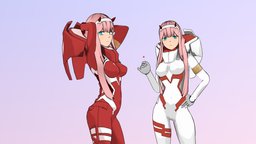 Zero Two in, fanart, two, demon, zero, 02, the, oni, cellshading, darling, franxx, darif, girl, anime, rigged