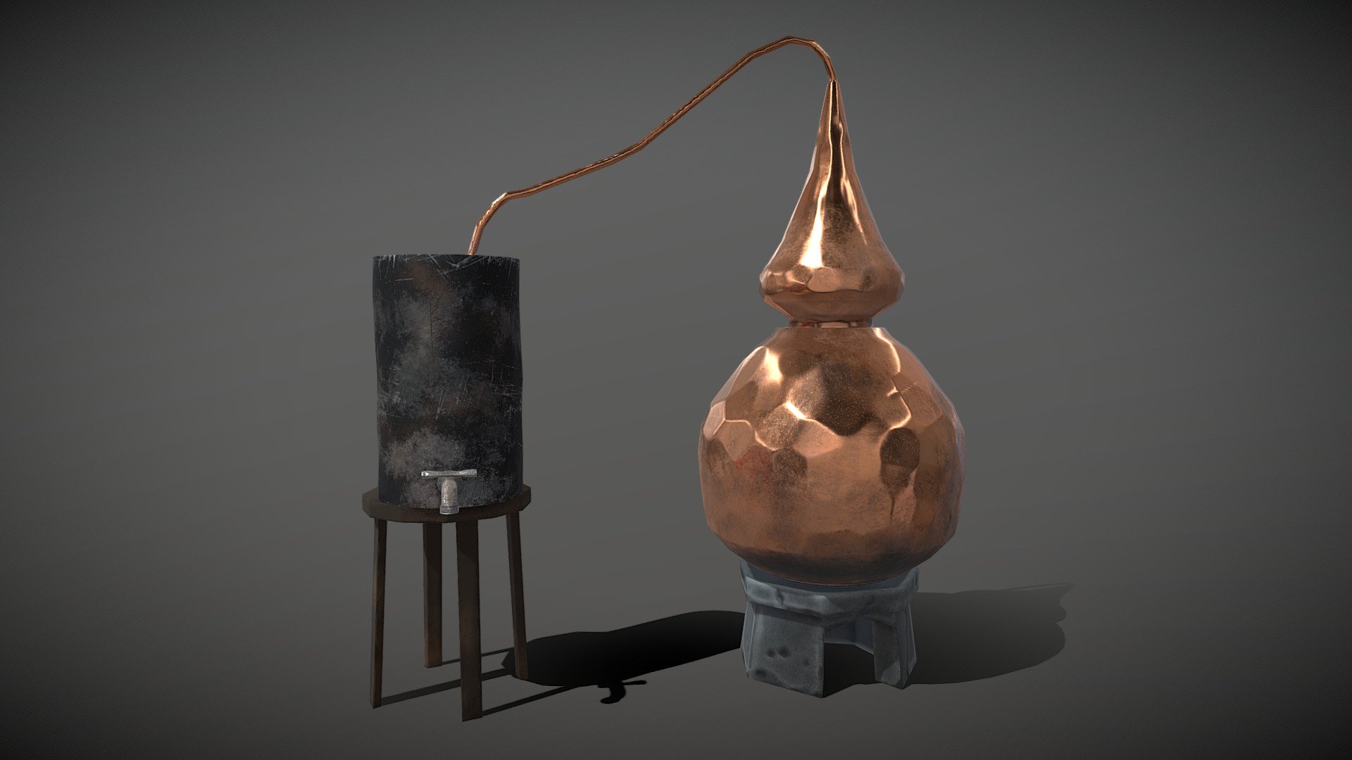 Fantasy distillatory vessel for alchemist's chamber or stylized drugstore pharmacy environment. 
 Model comes with 2K PNG textures of Color, Metallic, Roughness and Normal map 3d model
