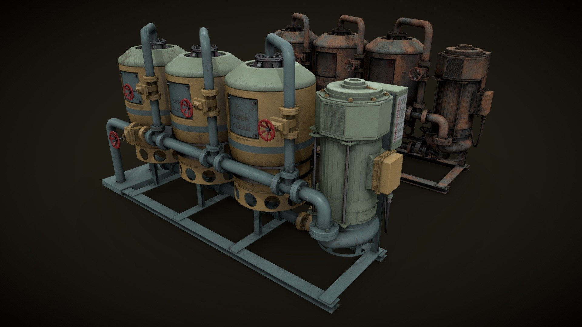Machinery device for industrial visualizations 

4k PNG PBR textures included 

Painted and heavy rusted 

Non overlapped UVs 3d model